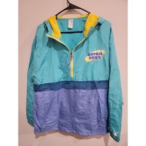 Dutch Bros Coffee Pullover Jacket Sz L Blue Teal Yellow Hooded Windbreaker Retro